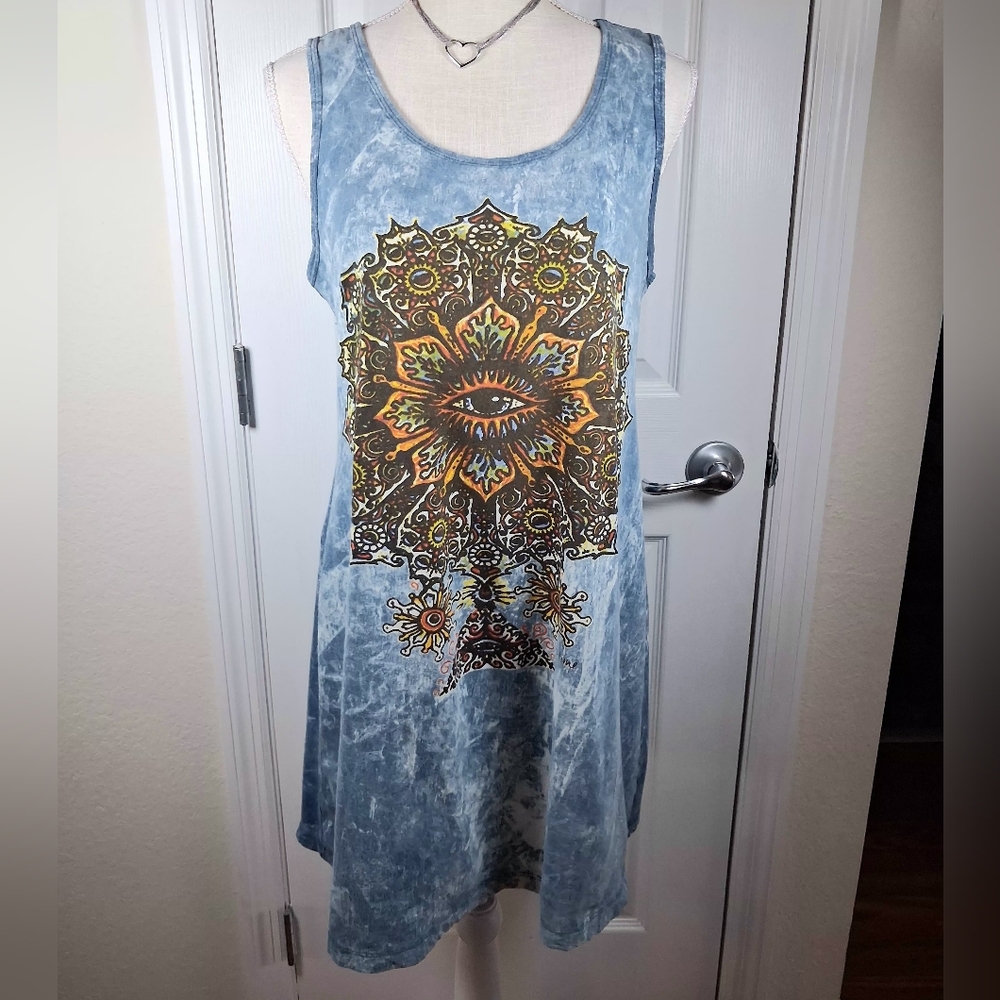 WearRaw Womens Cotton Racerback Tie Dye  Mini Dress Size M Eye Lotus Mandala